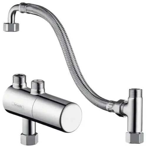 Hansgrohe Thermostat mit zwei Anschlüssen, verchromte Oberfläche, üblicherweise für die Untertischmontage in Sanitärbereichen. Flexibler Anschluss mit Metallgeflecht.